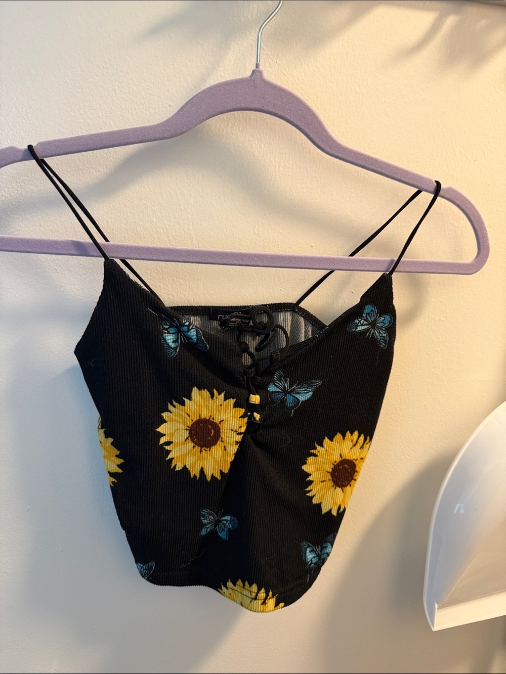 Rue21 Black Cami Top with Yellow Sunflower & Blue Butterfly Print